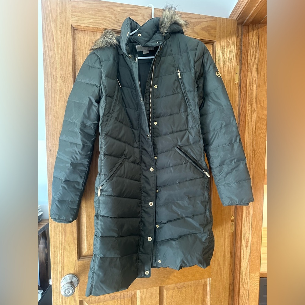 Michael Kors Olive Green Puffer Coat with Fur Trim